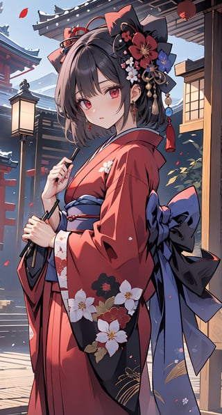 1girl, solo, long hair, looking at viewer, bangs, black hair, hair ornament, red eyes, long sleeves, holding, jewelry, flower, earrings, japanese clothes, hair flower, wide sleeves, kimono, nail polish, sash, floral print, red flower, tassel, red nails, red kimono