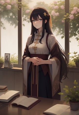 High Quality, Lossless, Clean, Raw, High Quality, Lossless, Clean, Raw, HD, girl, alone, clear lights, bangs in her hair, blue eyes, beautiful girl, perfect body, Color Booster,Realism, 1girl, solo, long hair, looking at viewer, skirt, black hair, hair ornament, long sleeves, standing, flower, indoors, wide sleeves, window, chinese clothes, table, plant, book stack