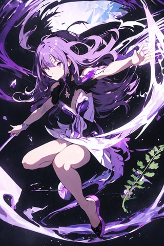 masterpiece , (dynamic pose), (slightly smiling with closed mouth), ( Fern, long hair, bangs, purple eyes, purple hair, sidelocks, blunt bangs,),((no gravity , floating in the air)), (holding a small black hole), frost and ice, snow_crystal_background, Fern,salama