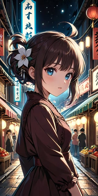Ghibli anime style, "Spirited Away" style. A girl in a dark night market, with illuminated by warm lights. The whole atmosphere seems mysterious. (Cinematic lighting, ethereal light, intricate details, extremely detailed, incredible details, full colored), complex details, hyper maximalist, gorgeous light and shadow, detailed decoration, detailed lines. masterpiece, best quality, HDR, UHD, unreal engine. looking at the camera, fair skin, beautiful face, (beautiful eyes:1.5), perfect eyes, detailed eyes, beautiful nose, dim tones,StdGBRedmAF,cute,DonMD4rkT00nXL 