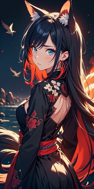 vibrant colors, female, masterpiece, sharp focus, best quality, depth of field, cinematic lighting, ((solo, one woman )), (illustration, 8k CG, extremely detailed), masterpiece, ultra-detailed,solo, blue eyes, black hair, ribbon, red hair, multicolored hair, two-tone hair, streaked hair, alternate hairstyle, dark dress, katana in hand in front of face,
the background is filled with smoke and destruction, crows soar in the sky, creating an atmosphere of chaos, long hair, (fox ears, three tailed fox,) anger on the face, black earring, (full length)