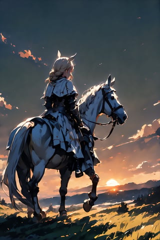 //quality, (masterpiece:1.331), (detailed), ((,best quality,)),//,(1girl),royal knight,(horse_girl:1.3),//,(blonde_hair:1.3),hairstyle, long hair, ((,single braid,)),(horse_ears:1.2),(horse_tail:1.2),//,(detailed white armor:1.1),armored dress,(white cloak),black pantyhose,//, (white horse, riding white horse:1.4)//,(sunset:1.4), (horizon:1.2), forest, dirt, nature,scenery,(mid_shot:1.4),(wide_shot:1.3),(from_behind:1.2),
