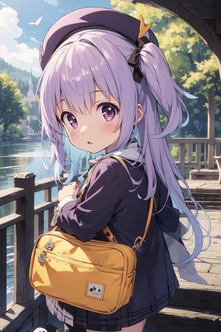 masterpiece,illustration,ray tracing,finely detailed,best detailed,Clear picture,intricate details,highlight,
anime,
gothic architecture,
looking at viewer,

nature,gothic architecture,bird,the lakeside in the heart of the forest,the staircase of the balcony,

NikkeRei,
1girl,loli,baby,long hair,hat,light purple hair,
yellow bow,yellow bag,skirt,upper body,
NikkePenguin,Penguin,
