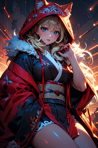 A girl with long blonde hair, fur hooded kimono, red hooded kimono, miniskirt, night streets. (Cinematic lighting, ethereal light, intricate details, extremely detailed, incredible details, full colored), complex details, hyper maximalist, masterpiece, best quality, HDR, UHD, unreal engine. head to thigh,