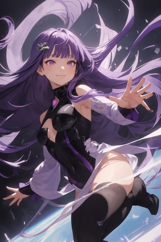 masterpiece , (dynamic pose), (slightly smiling with closed mouth), ( Fern, long hair, bangs, purple eyes, purple hair, sidelocks, blunt bangs,),((no gravity , floating in the air)), (holding a small black hole), frost and ice, snow_crystal_background, Fern,salama,coverl,frieren