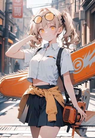 Masterpiece, beautiful details, perfect focus, uniform 8K wallpaper, high resolution, exquisite texture in every detail,
 street, looking_at_viewer, clean eyes
1girl, power (chainsaw man), white shirt,  skirt, midriff, short sleeves,  coat tied around waist,
 twintail, wearing yellow tinted glasses, smile, :>, 
