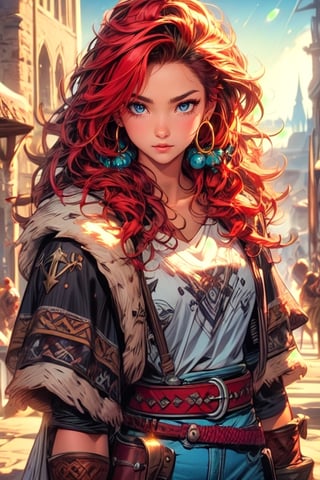 A dashing female warrior, adorned in rugged yet stylish attire, with a confident smirk and fierce gaze that command respect, medieval fantasy. Swashbuckling, brave, wise and beautiful, jewelry, standing, collarbone, white shirt, weapon, earrings, belt, pants, necklace, blurry, lips, gun, blurry background, hoop earrings, realistic, brown belt. (Cinematic lighting, ethereal light, intricate details, extremely detailed, incredible details, full colored), complex details, hyper maximalist, gorgeous light and shadow, detailed decoration, detailed lines. masterpiece, best quality, HDR, UHD, unreal engine. looking at the camera, fair skin, beautiful face, beautiful eyes, perfect eyes, detailed eyes, beautiful nose,sexypirate,viking,Camila Noceda