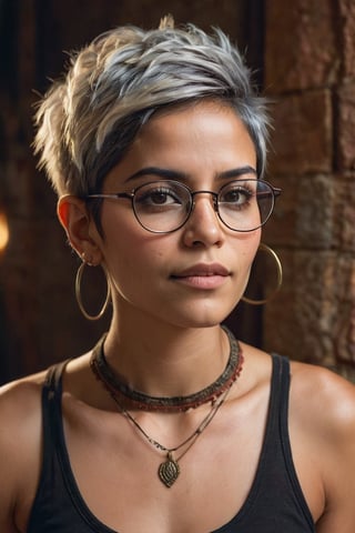 photo, rule of thirds, dramatic lighting, short fairy hair, detailed face, detailed nose, mexican woman wearing tank top, wearing glasses,  choker, smirk, intricate background ,realism,realistic,raw,analog,woman,portrait,photorealistic