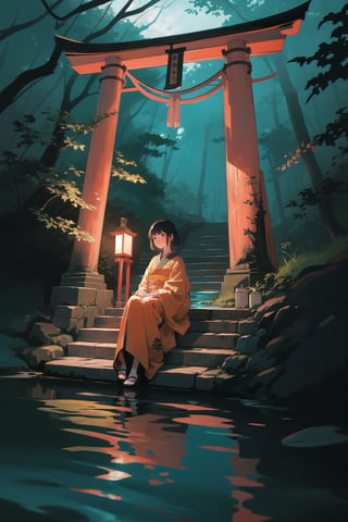 1girl sitting in front of a torii, in the jungle, best quality, black hair, mist, kimono, moss, tree log, scenery, rainforest, vibrant color, low angle shot, vibrant color, cinematic lighting, calm, serenity, Japanese shrine, sitting, wood bridge, stairs, reflections, blue water pond, feet in water, shrine candles lights, atmospheric,