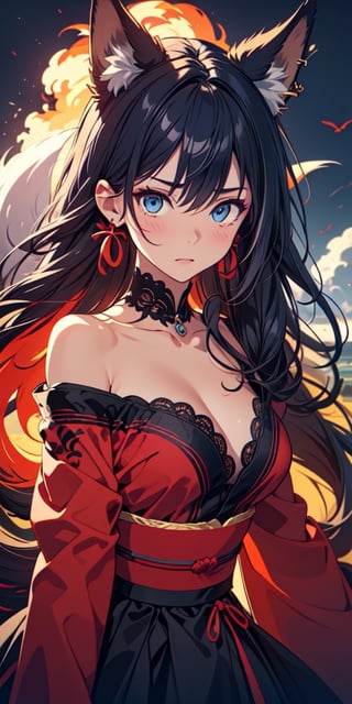 vibrant colors, female, masterpiece, sharp focus, best quality, depth of field, cinematic lighting, ((solo, one woman )), (illustration, 8k CG, extremely detailed), masterpiece, ultra-detailed,solo, blue eyes, black hair, ribbon, red hair, multicolored hair, two-tone hair, streaked hair, alternate hairstyle, dark dress, katana in hand in front of face,
the background is filled with smoke and destruction, crows soar in the sky, creating an atmosphere of chaos, long hair, (fox ears, three tailed fox,) anger on the face, black earring, (full length)