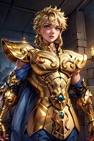 (Extremely detailed CG uniform 8k wallpaper, masterpiece, best quality, super detailed), male anime character wearing golden armor, 1boy, golden armor, male focus, handsome face, short blond wavy hair, armor, solo, leo armor , Trend Artstation, Fantasy00d,mature
