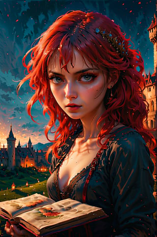 a white skin red hair woman thinking with a book in front a castle, ex-resolution details, photographic, realism pushed to extreme, fine texture, incredibly lifelike perfect shadows, atmospheric lighting, volumetric lighting, sharp focus, focus on eyes, masterpiece, professional, award-winning, exquisite detailed, highly detailed, UHD, 64k,

