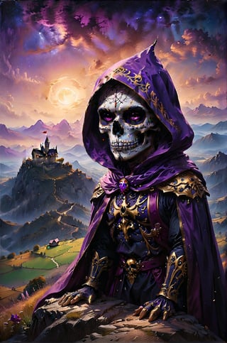 a skull wearing purple cape stand up in a top of a mountain, looking for a distant dark black color and obscure castle in the field, a small villlage with a central square stand in front of the castle, the sky has purple and golden colors, panoramic distant upside view, extremely high-resolution details, photographic, realism pushed to extreme, fine texture, incredibly lifelike perfect shadows, atmospheric lighting, volumetric lighting, sharp focus, focus on eyes, masterpiece, professional, award-winning, exquisite detailed, highly detailed, UHD, 64k,

