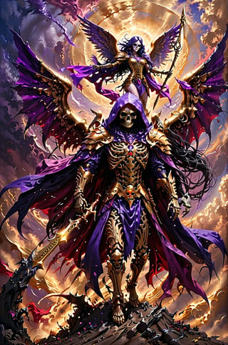 a golden angel slashes a reaper skeleton that is wearing a purple cape, the sky has red and purple colors, panoramic view, extremely high-resolution details, photographic, realism pushed to extreme, fine texture, incredibly lifelike perfect shadows, atmospheric lighting, volumetric lighting, sharp focus, focus on eyes, masterpiece, professional, award-winning, exquisite detailed, highly detailed, UHD, 64k,