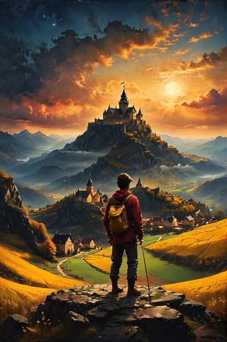 a man stand sitting in a top of a mountain, holding a yellow book, looking for a distant dark black color and obscure castle in the field, a small villlage with a central square stand in front of the castle, the sky has red and golden colors, panoramic view, extremely high-resolution details, photographic, realism pushed to extreme, fine texture, incredibly lifelike perfect shadows, atmospheric lighting, volumetric lighting, sharp focus, focus on eyes, masterpiece, professional, award-winning, exquisite detailed, highly detailed, UHD, 64k,

