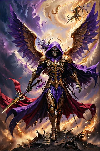 a golden angel slashes a reaper skeleton that is wearing a purple cape, theres a balance of justice behind him, the sky has red and purple colors, panoramic view, extremely high-resolution details, photographic, realism pushed to extreme, fine texture, incredibly lifelike perfect shadows, atmospheric lighting, volumetric lighting, sharp focus, focus on eyes, masterpiece, professional, award-winning, exquisite detailed, highly detailed, UHD, 64k,