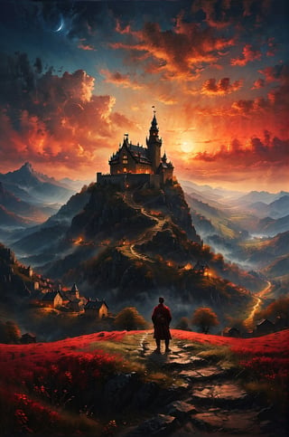 a man stand sitting in a top of a mountain, looking for a distant dark black color and obscure castle in the field, a small villlage with a central square stand in front of the castle, the sky has red and golden colors, panoramic view, extremely high-resolution details, photographic, realism pushed to extreme, fine texture, incredibly lifelike perfect shadows, atmospheric lighting, volumetric lighting, sharp focus, focus on eyes, masterpiece, professional, award-winning, exquisite detailed, highly detailed, UHD, 64k,

