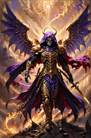 a golden angel slashes a reaper skeleton that is wearing a purple cape, the sky has red and purple colors, panoramic view, extremely high-resolution details, photographic, realism pushed to extreme, fine texture, incredibly lifelike perfect shadows, atmospheric lighting, volumetric lighting, sharp focus, focus on eyes, masterpiece, professional, award-winning, exquisite detailed, highly detailed, UHD, 64k,
