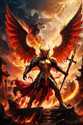 a battle of a light golden angel against a dark ancient demon, a small villlage with a central square stand , the sky has red and golden colors, panoramic view, extremely high-resolution details, photographic, realism pushed to extreme, fine texture, incredibly lifelike perfect shadows, atmospheric lighting, volumetric lighting, sharp focus, focus on eyes, masterpiece, professional, award-winning, exquisite detailed, highly detailed, UHD, 64k,

