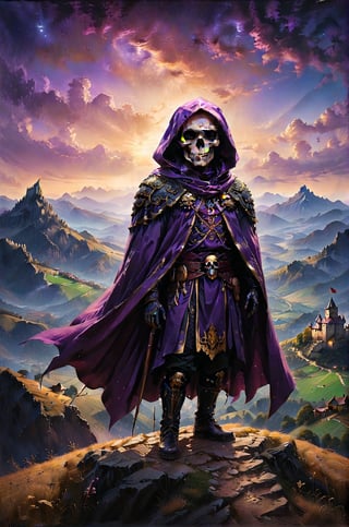 a skull wearing purple cape stand up in a top of a mountain, looking for a distant dark black color and obscure castle in the field, a small villlage with a central square stand in front of the castle, the sky has purple and golden colors, panoramic distant upside view, extremely high-resolution details, photographic, realism pushed to extreme, fine texture, incredibly lifelike perfect shadows, atmospheric lighting, volumetric lighting, sharp focus, focus on eyes, masterpiece, professional, award-winning, exquisite detailed, highly detailed, UHD, 64k,

