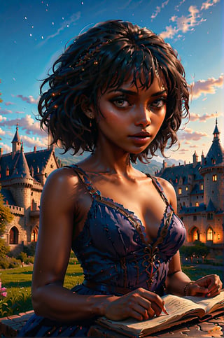 a black skin woman thinking with a book in front a castle, ex-resolution details, photographic, realism pushed to extreme, fine texture, incredibly lifelike perfect shadows, atmospheric lighting, volumetric lighting, sharp focus, focus on eyes, masterpiece, professional, award-winning, exquisite detailed, highly detailed, UHD, 64k,

