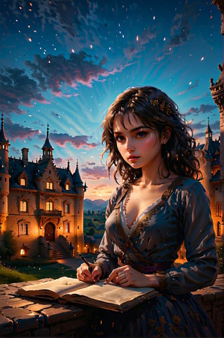 a woman thinking with a book in front a castle, ex-resolution details, photographic, realism pushed to extreme, fine texture, incredibly lifelike perfect shadows, atmospheric lighting, volumetric lighting, sharp focus, focus on eyes, masterpiece, professional, award-winning, exquisite detailed, highly detailed, UHD, 64k,


