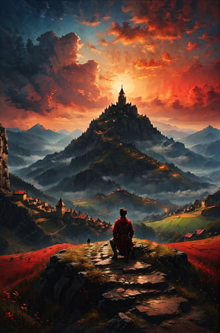 a man stand sitting in a top of a mountain, looking for a distant dark black color and obscure castle in the field, a small villlage with a central square stand in front of the castle, the sky has red and golden colors, panoramic view, extremely high-resolution details, photographic, realism pushed to extreme, fine texture, incredibly lifelike perfect shadows, atmospheric lighting, volumetric lighting, sharp focus, focus on eyes, masterpiece, professional, award-winning, exquisite detailed, highly detailed, UHD, 64k,

