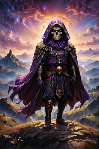 a skull wearing purple cape stand up in a top of a mountain, looking for a distant dark black color and obscure castle in the field, a small villlage with a central square stand in front of the castle, the sky has purple and golden colors, panoramic view, extremely high-resolution details, photographic, realism pushed to extreme, fine texture, incredibly lifelike perfect shadows, atmospheric lighting, volumetric lighting, sharp focus, focus on eyes, masterpiece, professional, award-winning, exquisite detailed, highly detailed, UHD, 64k,

