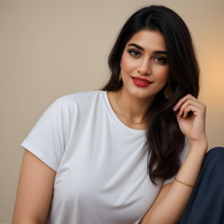 Indian beautiful and hot style chubby bhabhi look,(((Mole on Lip))), wearing a plain Dark Black round neck Pure Cotton Oversized T-shirt, detailed t-shirt fabric, Instagram model pose,looks like [Vyjayanthimala] and [Rekha] , age 25, realistic body skin, brown eye ,white teeth,(RAW photo, best quality), (realistic, photo-Realistic:1.3), best quality, masterpiece, beautiful and aesthetic, 16K, (HDR:1.4), high contrast, (vibrant color:1.4), (muted colors, dim colors, soothing tones:0), cinematic lighting, ambient lighting, sidelighting, Exquisite details and textures, cinematic shot, Warm tone, full body(detailed curvy body:1.1),( wearing a plain navy blue Round Neck Pure Cotton oversized T-shirt, detailed t-shirt fabric)),neckless and earring,Makeup,beautiful,detailed eyes,detailed lips,portrait,endless beauty,Milf, smile on face, red lipstik,pov_eye_contact,A gorgeous hindu indian girl,very fit, very toned, very athletic, naughty poses, hyperdetailed,full body, 