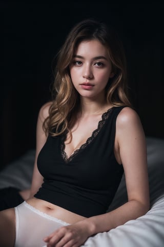 (Best quality, 8k, 32k, raw photo, photorealistic, UHD:1.2),lifelike rendering, (upper body portrait:1.2), Photo of Beautiful caucasian woman, 1girl, 24yo, stunning, (medium blonde wavy hair), double eyelids, detailed facial, perfect round medium-large breasts, cleavage, wide hips, slender legs, plump figure, (pale skin:1.2), (white cotton vest), lace thong, (dark bedroom:1.3), (lying on bed:1.2), (lying touching close side:1.4), just wake up, sharp focus, sexy face, charming, from side, eyes to camera, (thighs focus:1.2), messy hair, detailed fabric rendering, (low key, dark theme, in the dark:1.3),epiC35mm