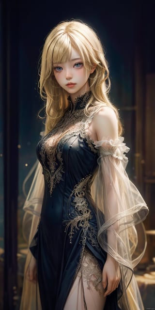 (Masterpiece, Best Quality, Photorealistic, High Resolution, 8K Raw), Smile, Looking At Viewer, Upper Body, Light, 1 Girl, Solo, Beautiful Young Girl, 18 Years Old, Long Hair, (Blonde Hair, Bangs:1.3), Big Breasts, red lips, long eyelashes, glitter, thin waist, slim figure, super sharp and detailed eyes, elegant sexy, alluring, blurred light background, mesmerizing and visually stunning fractal artwork created by famous artists showcasing extremely intricate details, dreamy and vibrant colors. the quality of formal art has a strong aesthetic appeal. HD rendering, beautiful legs, hot body, crop shirt underboob 