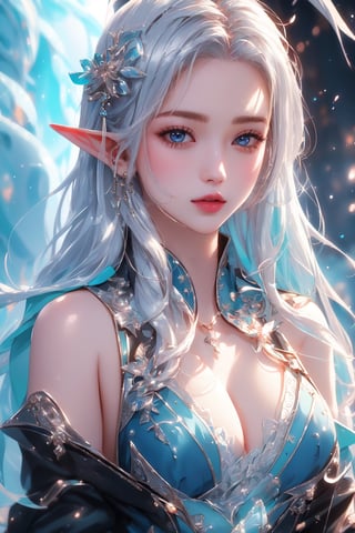 (masterpiece, top quality, best quality, official art, beautiful and aesthetic:1.2), (1girl:1.2),elf, cute, extreme detailed,(silver_hair:1.1), fate \(series\), colorful,highest detailed, fire, ice, lightning, (splash_art:1.2), jewelry:1.4, hanfu, scenery, ink,1 girl,Breasts 