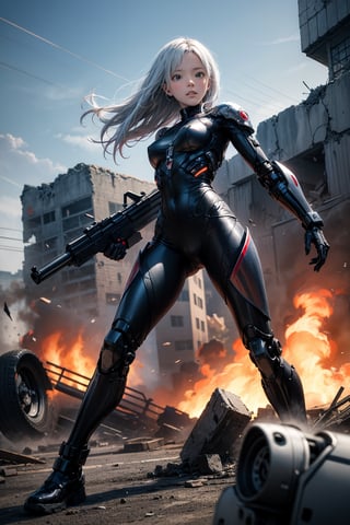 Captured in mid-stride, a lone figure emerges from the smoldering ruins: a slender young female cyborg with piercing blue eyes and striking white hair, clad in a futuristic black and red battle suit. The desolate alien battlefield stretches behind her, littered with twisted metal and shattered debris. Her gaze is fixed ahead, eyes blazing with determination as she surveys the devastation.,ghostrider