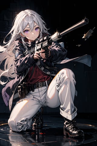 1girl, solo, long hair, looking at viewer, bangs, gloves, long sleeves, holding, hair between eyes, closed mouth, purple eyes, jacket, full body, weapon, white hair, boots, black gloves, pants, fingerless gloves, holding weapon, gun, white jacket, holding gun, rifle, white pants, one knee, sniper rifle, aiming, scope