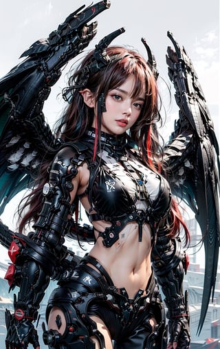 1girl, korean girl, big eyes, ((red hair)), solo break, ((big natural breasts)), masterpiece, best quality, highres, (multicolored hair:1.1), beautiful face, clas, awesome pose, ((black sexy tech bikini)), SilverWolfV5, urban techwear, ((half body view)),dragon ear