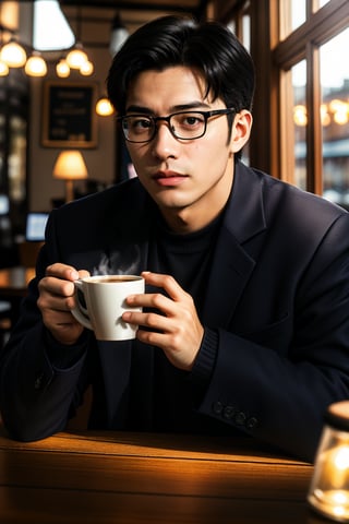 A perfectly framed shot of a handsome Asian man, wearing glasses, sipping coffee in a cozy coffee shop. Natural light pours through the window, casting a warm glow on his face. The composition is spot-on, with the subject's eyes directly facing the camera. A single flash of light from a nearby lamp adds depth to the scene. Captured in RAW and HDR formats, this UHD image (64K) showcases stunning detail and clarity.,Germany Male, 