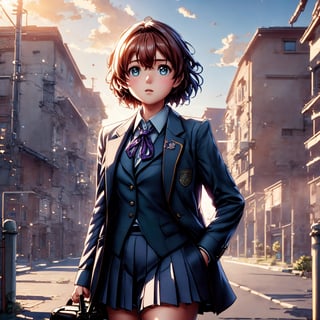 high school student,girl,school uniform(laced blouse and suit),at school gate,Best Quality, 32k, photorealistic, ultra-detailed, finely detailed, high resolution, perfect dynamic composition, beautiful detailed eyes, sharp-focus, cowboy_shot, 