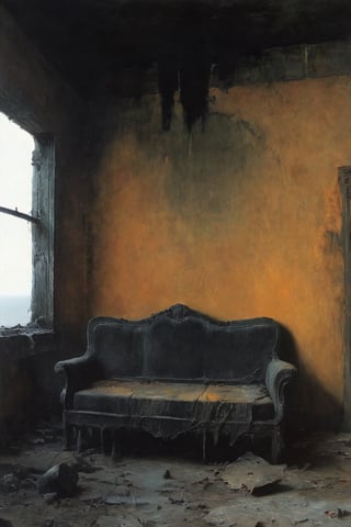 In an abandoned house, tattered sofa, horror, Thai elements, dark scenes, 8k, reality, hyperdetail,digital artwork by Beksinski