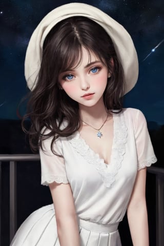 masterpiece, best quality, 1 girl, solo, ((an extremely delicate and beautiful)),school uniform, italian girl ,age 18, milky white skin,beautiful detailed eyes, at night , beautiful starry sky, 