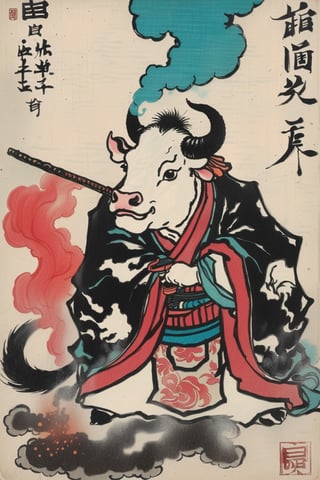 cow , weapon,, ink, Chinese ink painting, smoke,glitter,chibi,Ukiyo-e,colorful