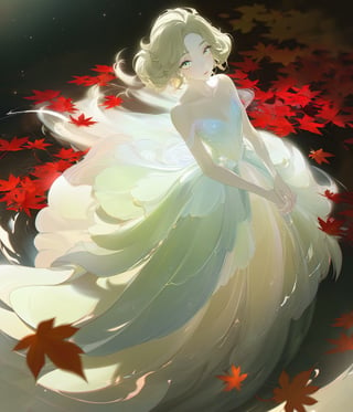 masterpiece, best quality,official art, ambient lighting,ambient occlusion,professional artwork,1girl,detailed face,bright eyes,lips,full body,slim and graceful,tenderness and quiet,pastel tulle dress,long and messy hair,in autumn,wait quietly,purified water,Falling Red Leaves,depth of field,