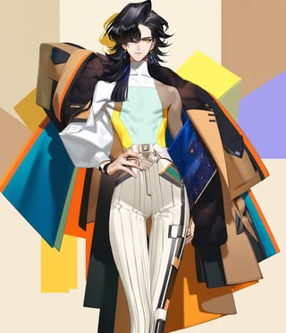 1boy,long black hair,fashion clothes,,whole body,face the lens,color background,warm tone,, masterpiece, best quality
