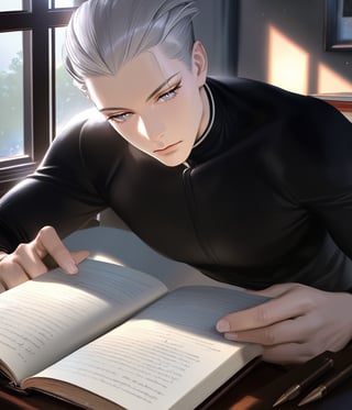 realistic, (best quality, masterpiece:1.3),
1boy,solo, reading,
silver hair, bright pupils, short hair, hair slicked back,black long sleeve shirt,
study, near the window, well-lit
fansty world