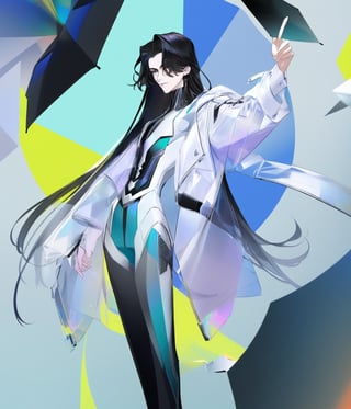 1boy,long black hair,fashion clothes,,whole body,face the lens,color background,cool tone,, masterpiece, best quality