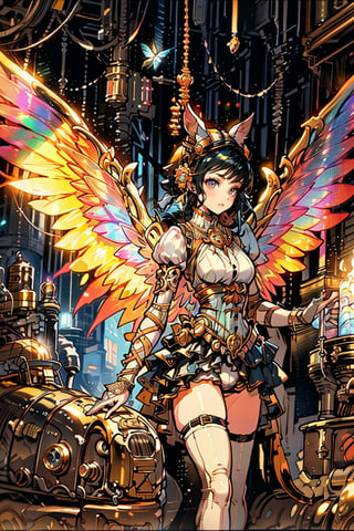 In the dimly lit, ornate chamber of a mystical steampunk realm, a faerie girl with delicate features and iridescent butterfly wings sprawls amidst a tapestry of gears and cogs. A robot cat, its mechanical limbs splayed in relaxation, rests beside her as candlelight dances across their faces. The soft glow casts a warm ambiance, rendering the intricate details of the steampunk contraptions and the faerie's ethereal wings in exquisite 8K HDR resolution, with an impressive bokeh effect blurring the background.,1 girl