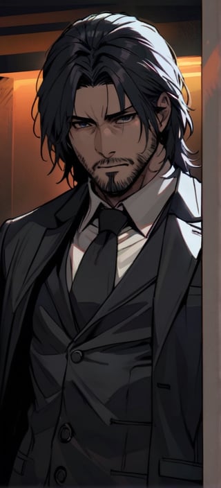 handsome, man of great physique, semi-long hair, black hair, black eyes, cold gaze, stoic expression, looking at viewer, wearing a black tuxedo, upper body, John Wick, John Wick, John Wick, beautiful man, 20 years old , long beard, very muscular,bell_cranel