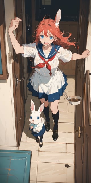 //quality, masterpiece, high_resolution, detailed, ((high quality)),,//character, ((1boy)), (rabbit_girl|white_rabbit_ears|red_hair|blue eyes),long hair, sailor suit,( (speech_bubble ) |,?,???,|question_mark|)),//,(, ,large_kitchen_pot,flower,flowers in the pot,holding the pot),// (panicking),wet,wet_hair, (scared) , cold sweat, nervous,// background, ((room, interior)),more detail XL,aesthetic,((,from_above,seen_from_above,))