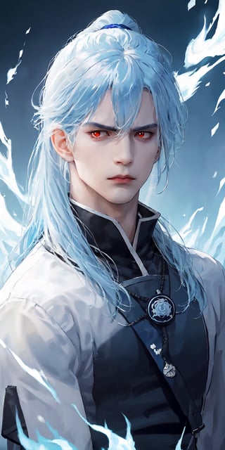 alone, long hair, looking at viewer, bangs, simple background, shirt, red eyes, 1 child, white background, hair between eyes, mouth closed, upper body, ponytail, male focus, light blue hair, shirt with collar, blue fire username, black shirt, lipstick mark, diluted \(genshin impact\), stoic look, cold expression