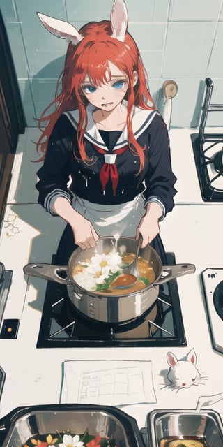 //quality, masterpiece, high_resolution, detailed, ((high quality)),,//character, ((1girl)), ,(rabbit_girl|white_rabbit_ears|red hair|blue eyes),long hair, sailor suit,( (speech_bubble|,?,???,|question_mark|)),//,(, ,large_cooking_pot,flower,flowers in the pot,holding the pot),// (panicking),wet,wet_hair, ( scared), cold sweat, nervous,// background, ((room, interior)),more detail XL,aesthetic,((,from_above,seen_from_above,))