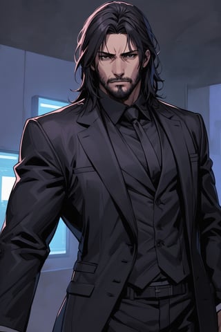 handsome, man of great physique, semi-long hair, black hair, black eyes, cold gaze, stoic expression, looking at viewer, wearing a black tuxedo, upper body, John Wick, John Wick, John Wick, beautiful man, 20 years old , long beard, very muscular,bell_cranel